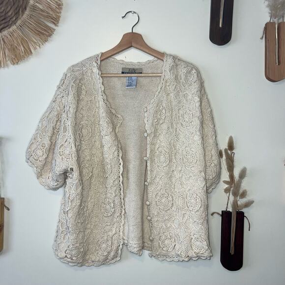 Vintage Cream French Crochet Silk Button-Down Sweater Cardigan 20W - Picture 2 of 5